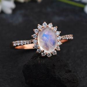 Quality 14K Rose Gold Oval Cabochon Cut Moonstone Engagement Ring Moonstone Halo Rings Jewelry wholesale