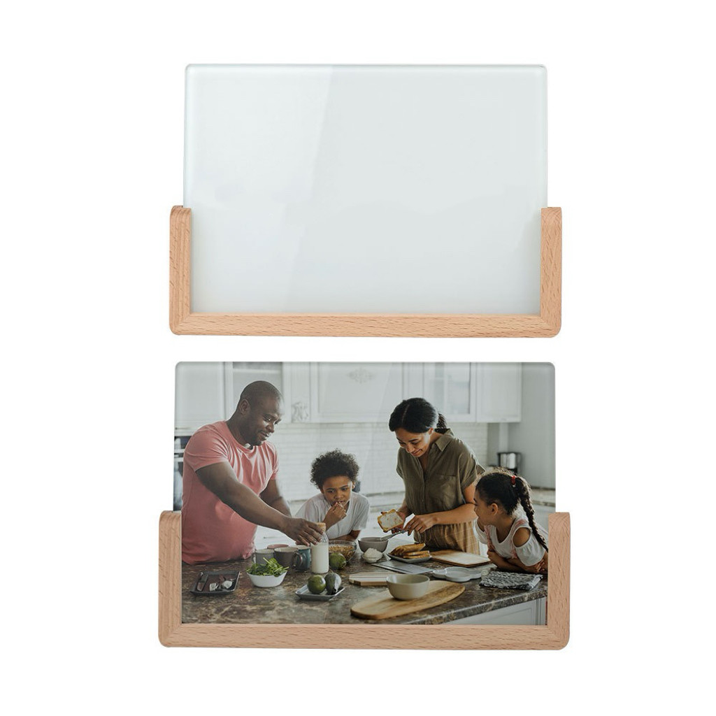 Durable Tabletop Sublimation Glass Photo Frame With Wooden U Shaped Base
