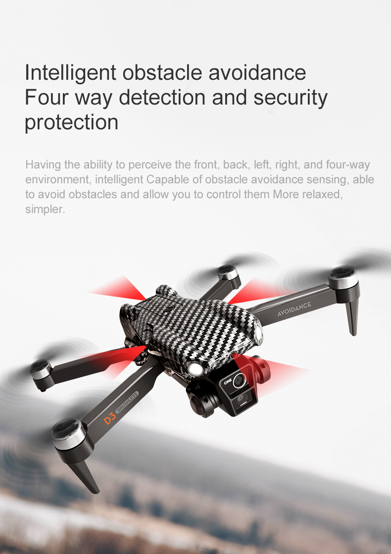Beginner Operator Skill Level Portable RC Drone with Obstacle Avoidance and Triple Camera D3 Pro 4k Brushless Motor