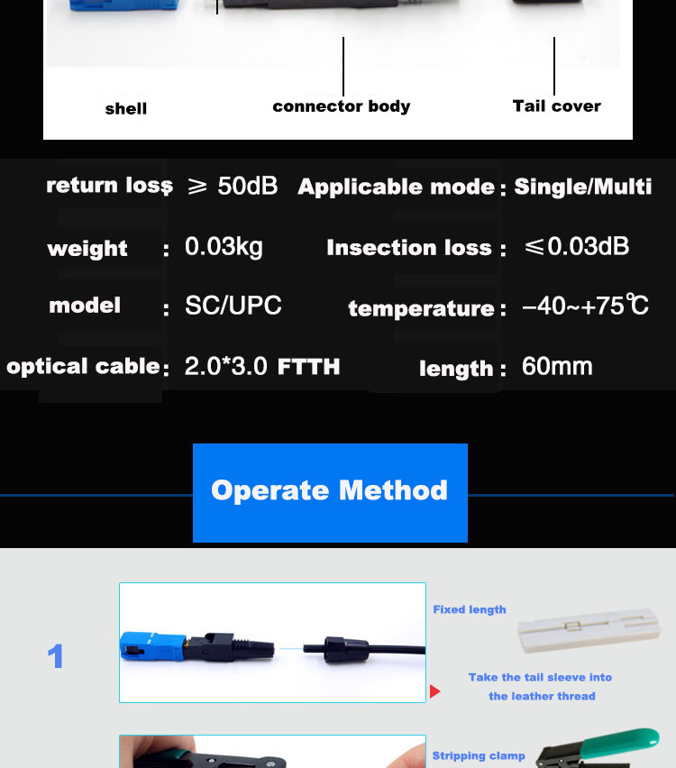 Indoor cable FTTH Fast Connector , CE ROSH SC UPC Fast Connector