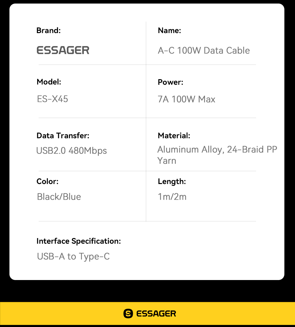 ESSAGER ES-X45 Series 100W Data Cable Charging Cable USB C to USB A