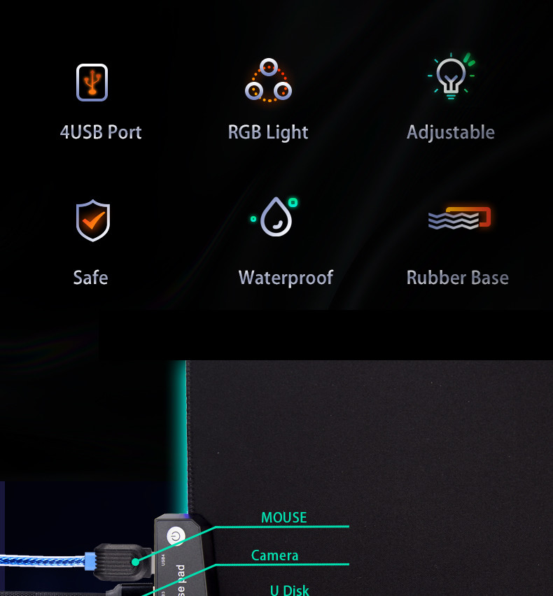 High Density Fiber USB HUB Mouse Pad , 14 Lights Led Extended Mouse Pad