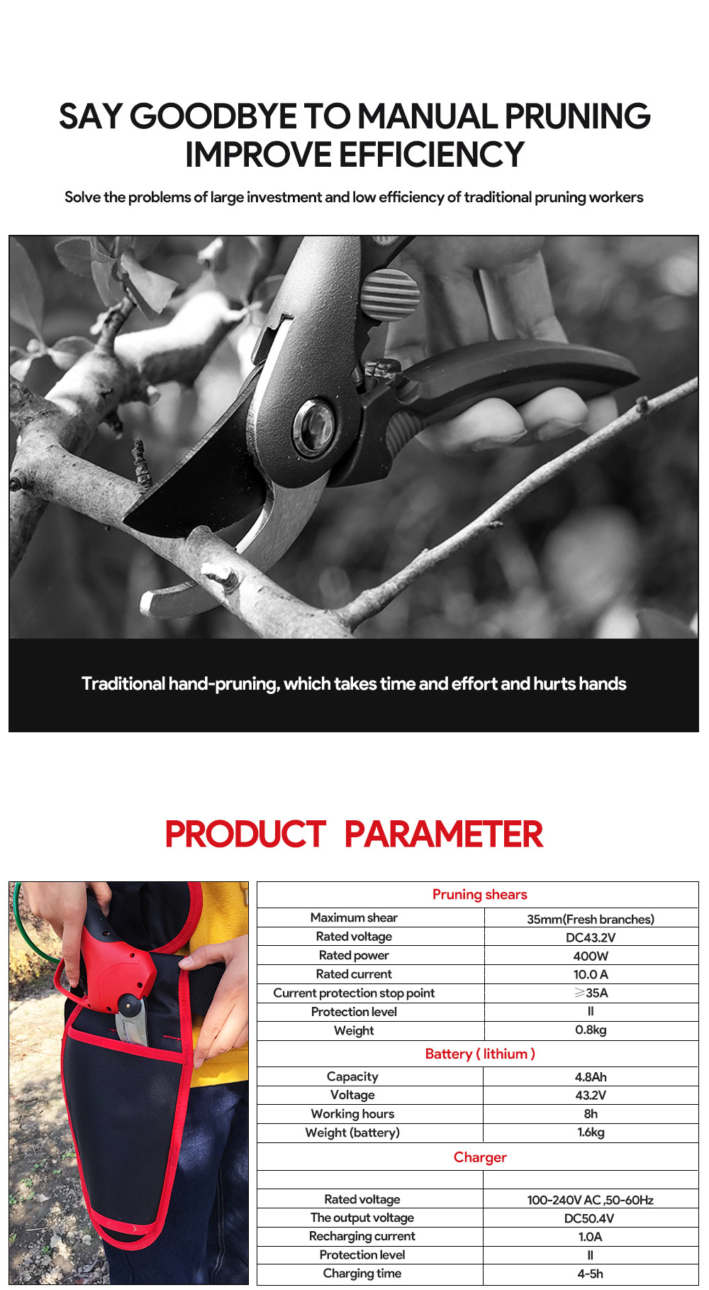 Swansoft 35mm 43.2V Lithium Battery Portable Electronic Pruning Shear