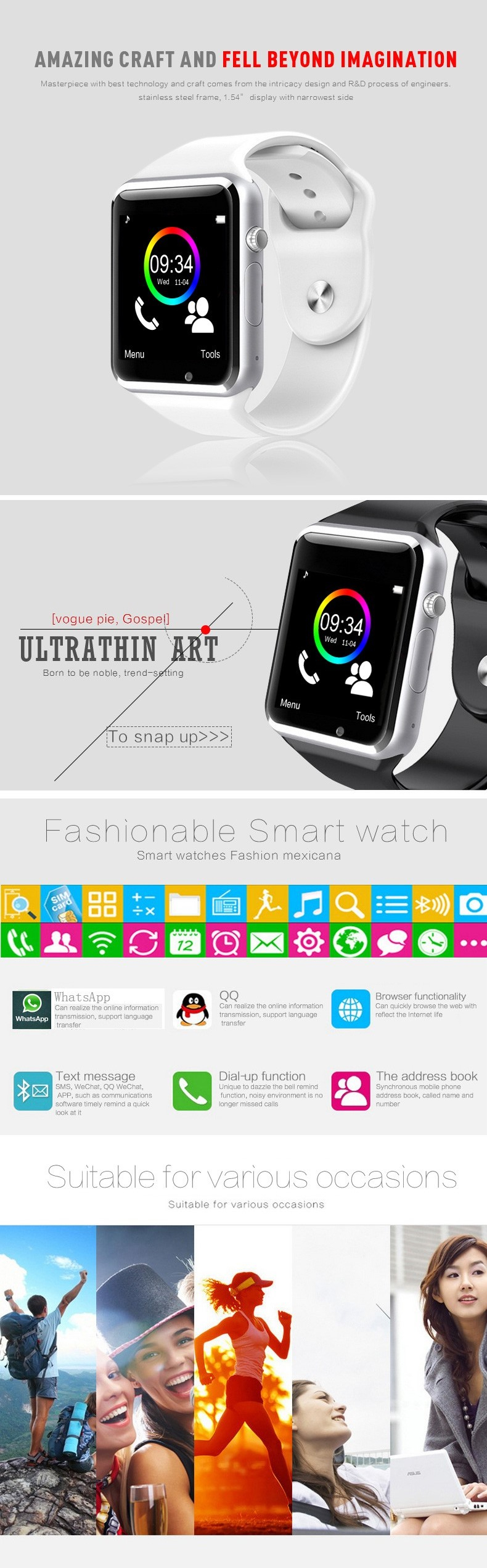Smart Watch A1 Smartwatch For Android IOS Phone Women BLE Watch With Retail Box Spain Market