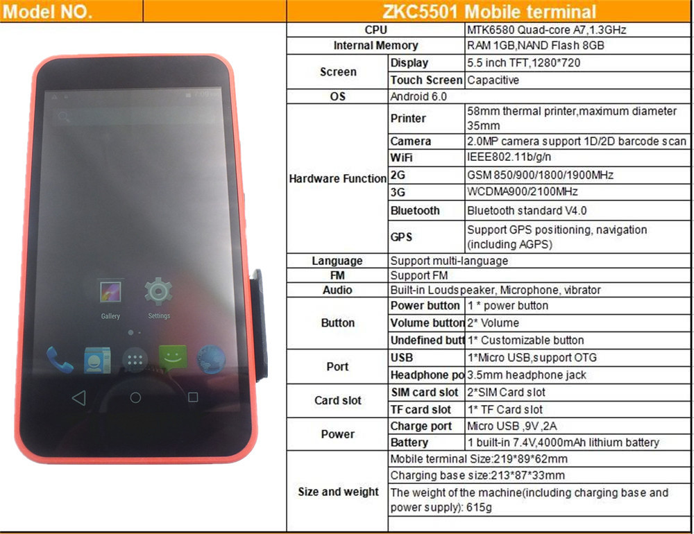 Free SDK Handheld Portable Pos Terminal barcode scanner Restaurant thermal printer wireless bluetooth wifi Android5.1 PD