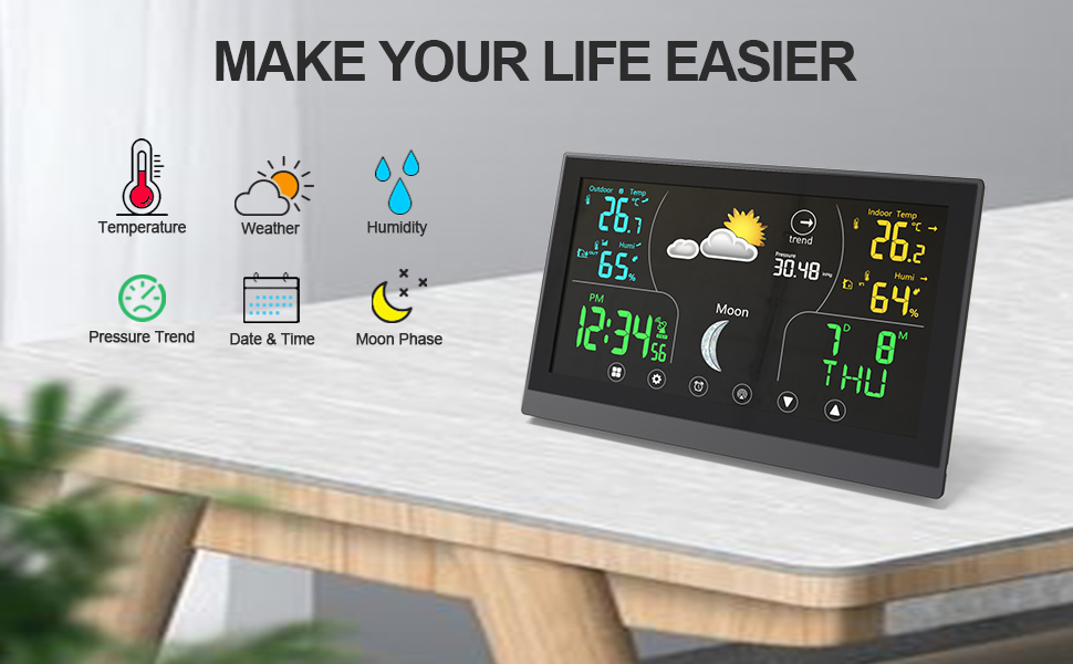 Accurate Wireless Weather Station Touch Screen Digital Forecast Clock 8 Inch Sheet Size
