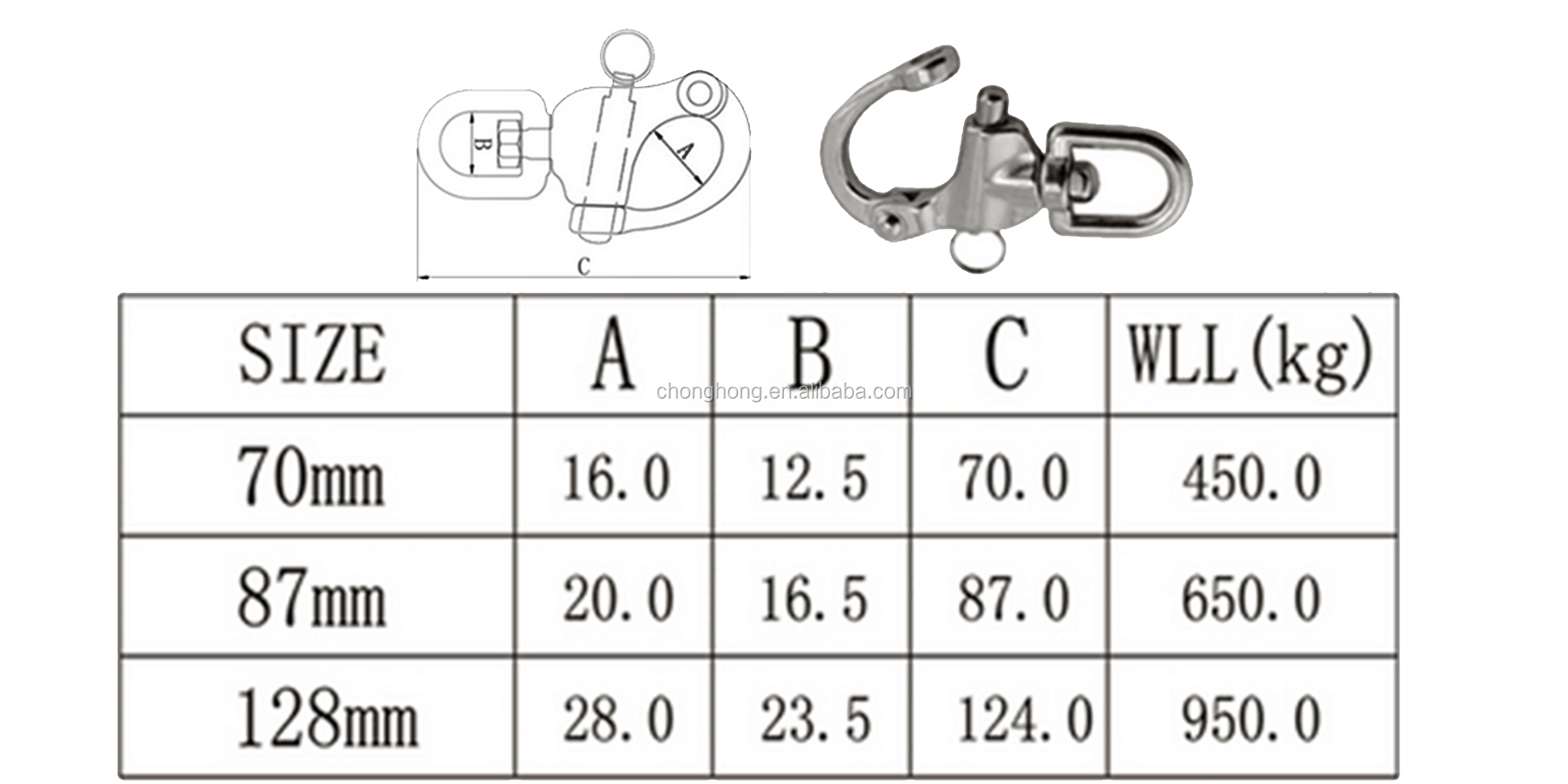 304/316 Stainless Steel Marine Quick Release Swivel Eye Snap Shackle with Standard Size