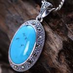 Women Vintage Necklace Sterling Silver Oval Turquoise Marcasite Charm Pendant