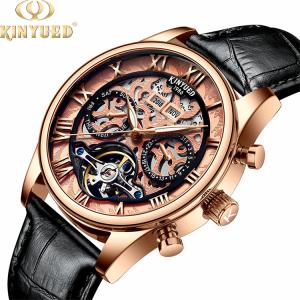 Quality Genuine Leather Skeleton Mechanical Watch Gold Case Water Resistant wholesale