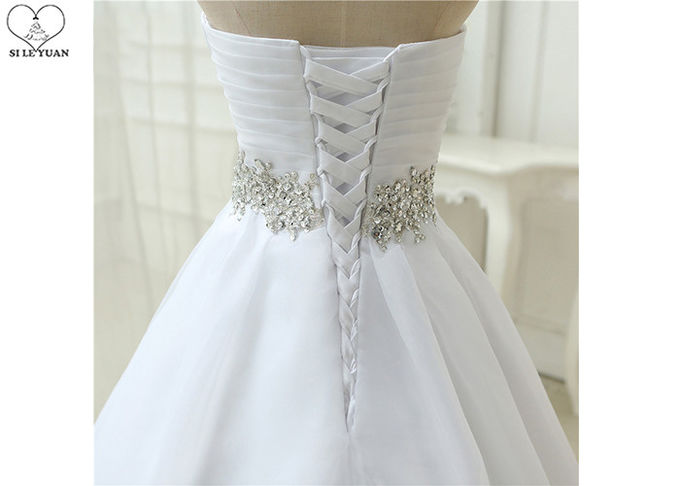 Pleating Chiffon Pure White Wedding Dress / Strapless Ball Gown Beading Belt