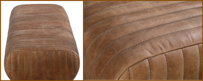 Vintage Leather Ottoman Footstool Bench Open Road With Black Iron Legs