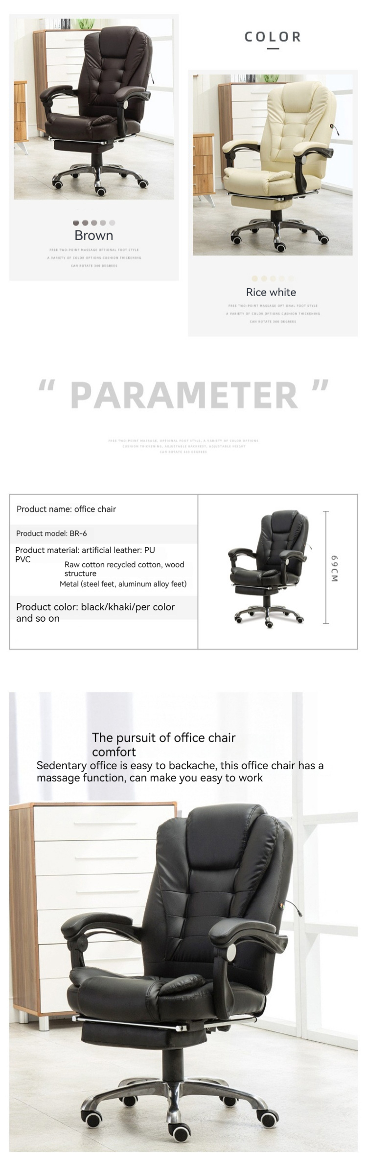 PU 3 Years After-sales Cycle Black Leather Office Chair with Footrest and Wide Back
