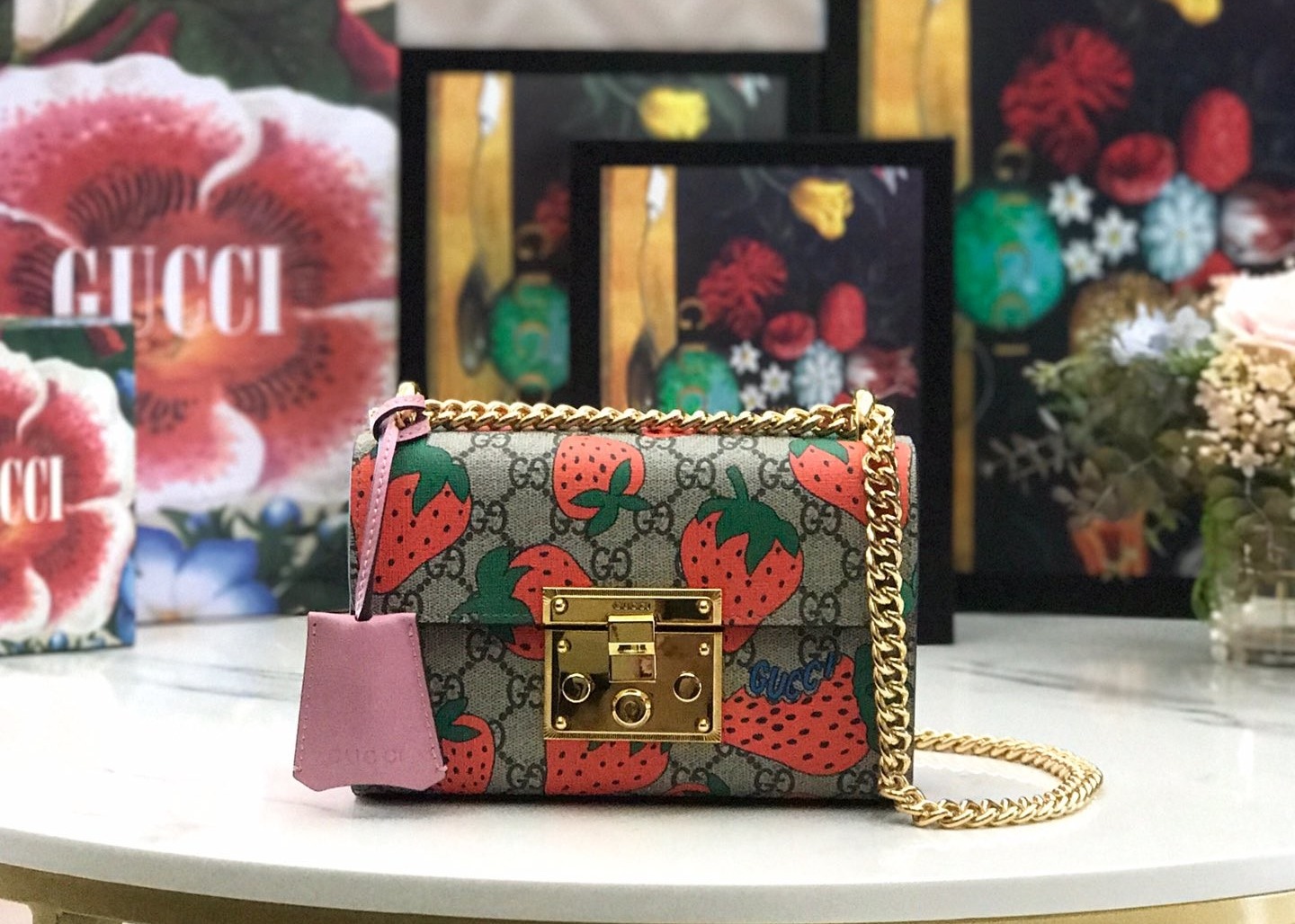 Retro Art Padlock Chain Handbag Monogram Leather Many Stars Love 13cm Width