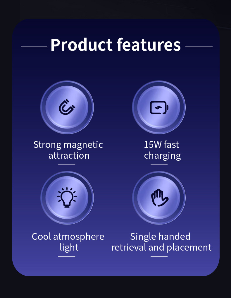 Magnetic Wireless Car Charger with 15W Max Output and 110-205KHz Charging Frequency