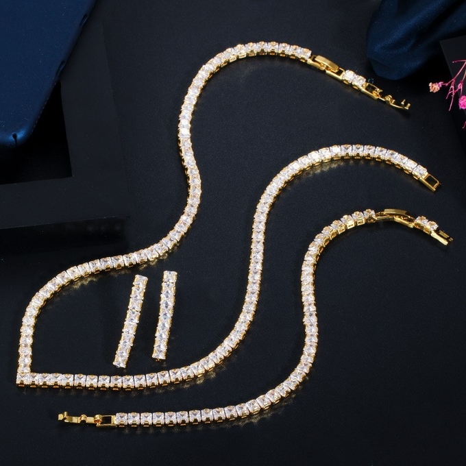 White Gold Color Luxury Bridal CZ Crystal Necklace and Earring Sets Big Wedding Jewelry Sets For Brides