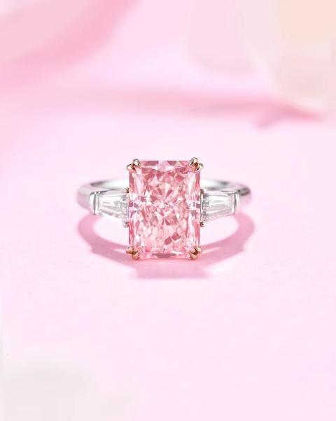 18k White Gold Synthetic Diamond Ring Large Size 4.31ct Fancy Pink Radiant Cut