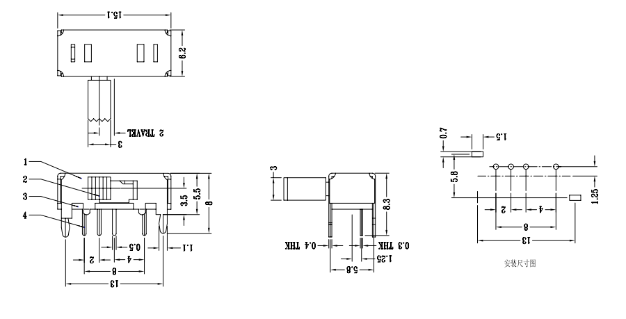 1P3T Miniature Horizontal Slide Switch DC50V 0.5A