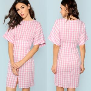 Quality Fall Apparel For Women Rolled Up Sleeve Wide Waistband Plaid Dress wholesale