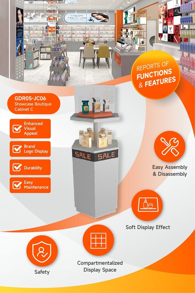 GDR05-JC06 Beauty Display Rack with 40mm Iron Round Tube and 5mm Transparent Glass Cover for Mall Promotion Area