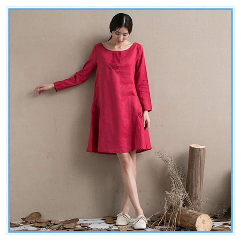 Fashion red linen ladies winter one piece dress of large size