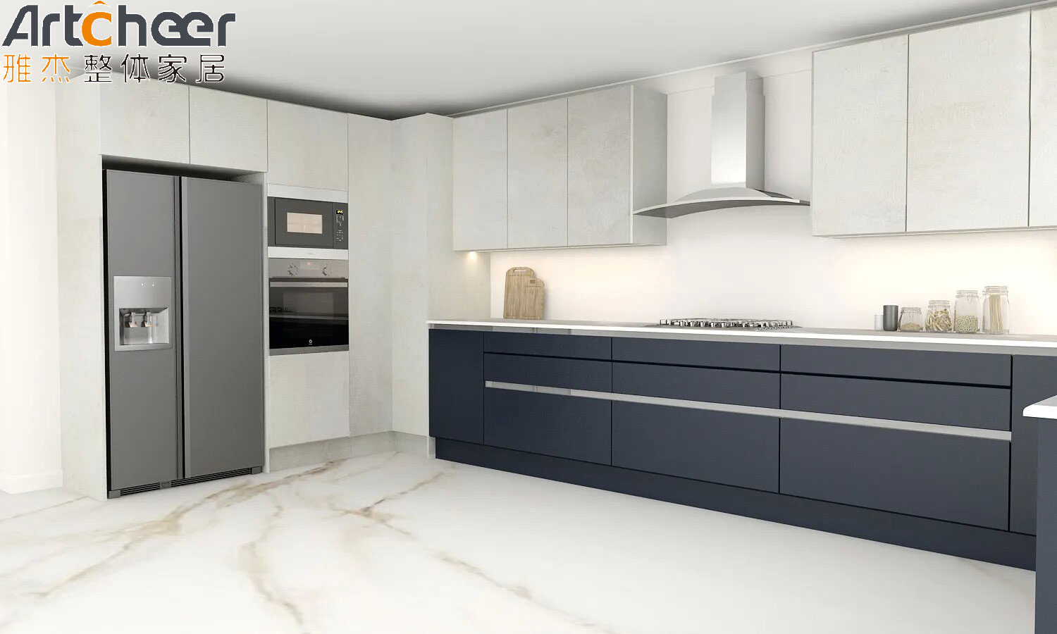 Grey and Blue Color Customized Kitchen Cabinet in L Shape Design for Modern Kitchen from Foshan