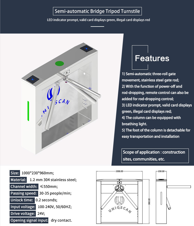 600mm Width Tripod Gate Barrier Two Way Open Security Turnstile Bridge