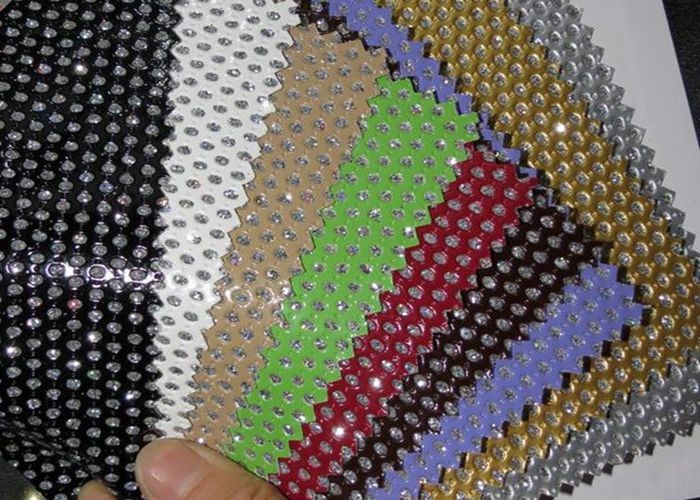 Bright Red Perforated Fabric , PU Mirror Leather Perforated Polyester Fabric
