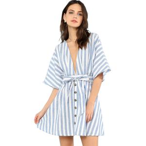 Quality Women Sweet V Neck Tied Open Back Striped Dress With Tassel wholesale