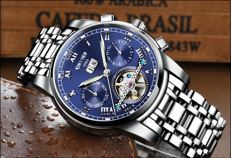 KINYUED J015-3 White Dial Stainless Steel Strap OEM Custom Watches Waterproof Automatic Mechanical Luminous Watch Men W