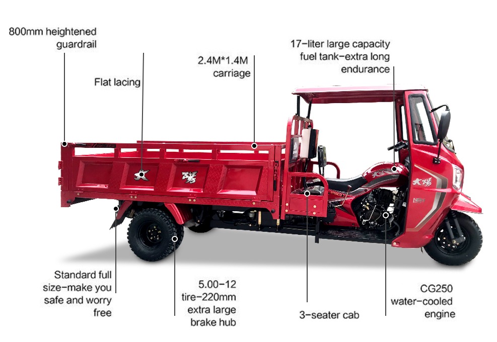 300cc DAYANG Five Wheel Auto Self Dumping Cargo Tricycle with Roof and 3 Wheel Design