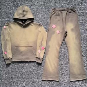 Quality Sweat Suit Supplier Wholesale Men Oversized Brown Sweatsuit Puff Printing Hoodie Custom Logo Heavy Weight Tech Fleece Tracksuit wholesale
