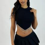 Women Casual Dress Sexy Crop Sleeveless Top With Metal Chain Fringe Vest Midi