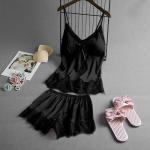 Summer Sleeveless Ice Silk Sexy Suspenders Knickers Lace Satin Pajama Set For