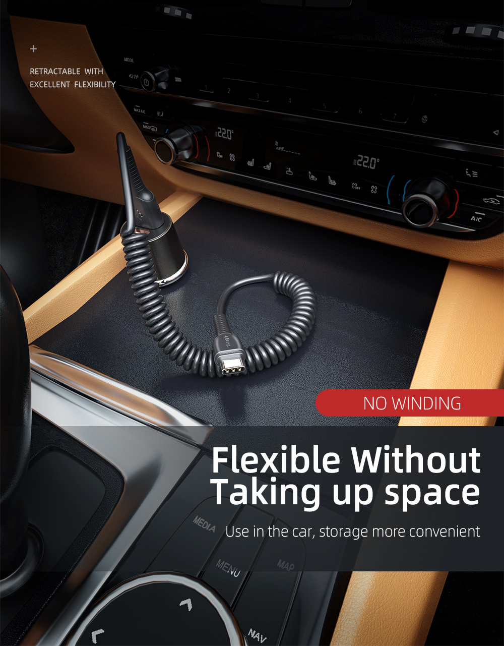 PVC Type C Data Cable 2.4A Stretchable Phone Charger Cable 1.2M