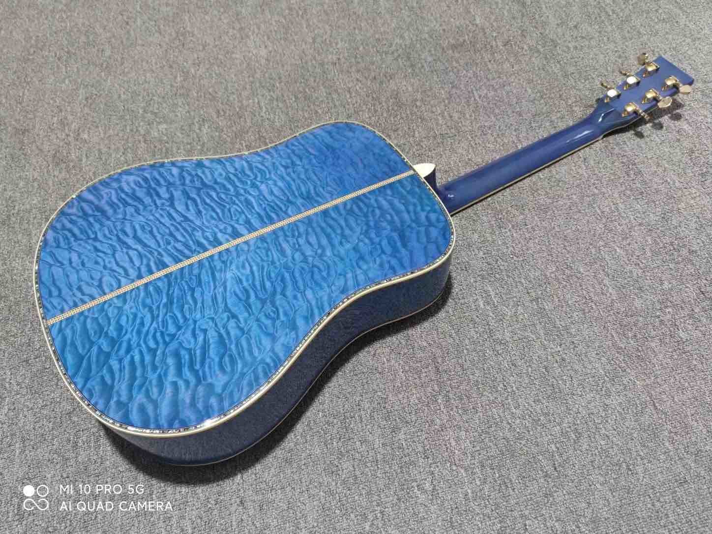 Custom Solid Spruce Top D Shape Acoustic Guitar in Blue Color Veneer Maple Back Side