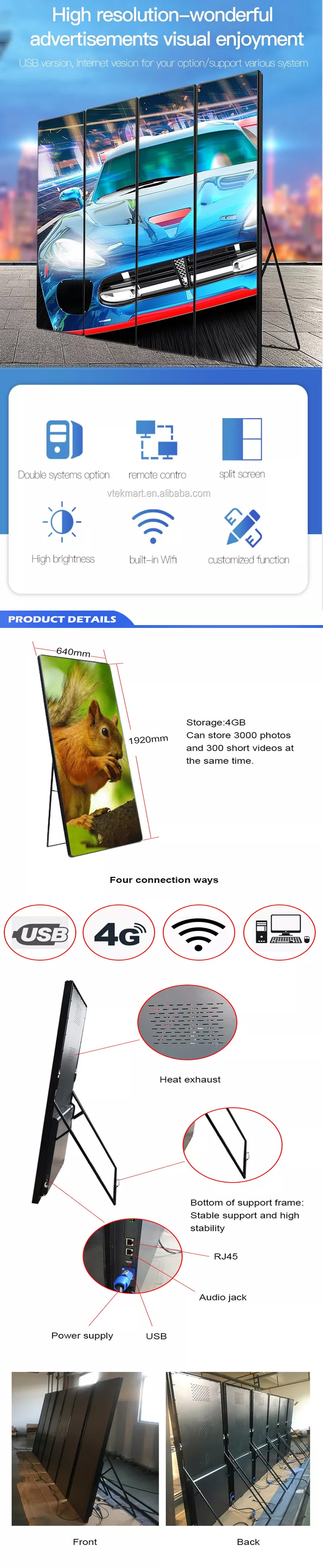 Ultra Slim Smart Standing Poster Led Screen , Digital Indoor P2 Mirror Led Display