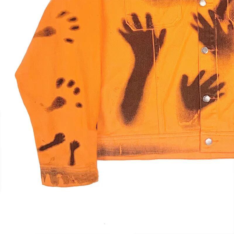 Jacket Button Orange Men&prime;s Jackets &amp; Coats Full Over Digital Printed Distressed Denim Jacket