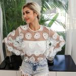Lantern Sleeved High Neck Flared Blouse Chic Black High Waisted Lace Tops With