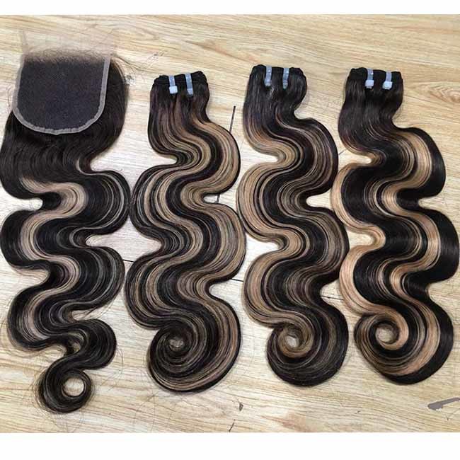 SDD Piano Color Body Wave Human Hair Bundles Highlight Single Donor Raw Hair Super Double Drawn Vietnamese Hair Bundles