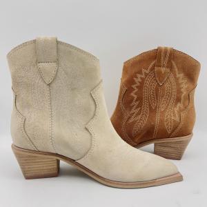 Quality Fashion Womens Leather Dress Boots Brown / Beige With Flower Embroidery wholesale