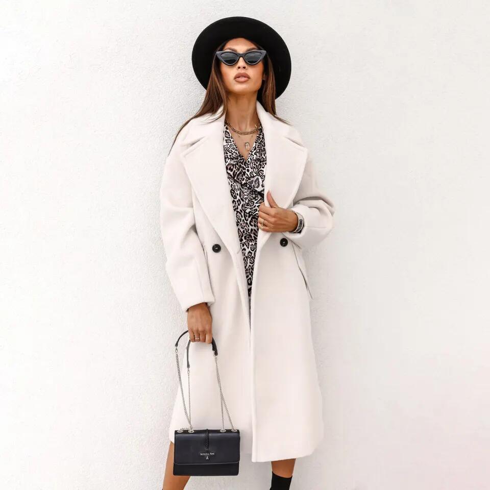 Fall and Winter Woman&prime;s Coats Ladies Jackets Double Cotton Solid Turn Down Collar Long Coats for Women