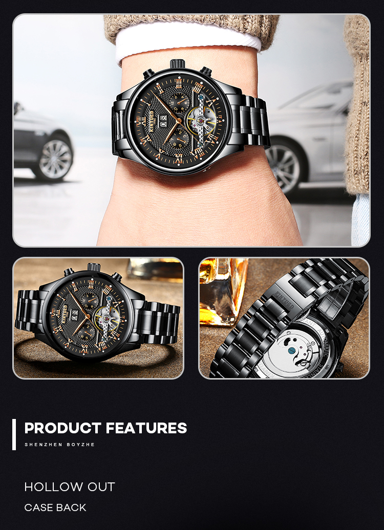 Fashion Stainless Steel Tourbillon Movement Mens Watch Waterproof KINYUED Automatic Mechanical Watches