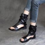 German Sole Leather Roman Sandals Solid Pattern Pull On Closure