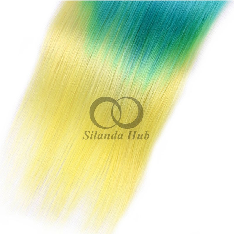 Blue/Light Blue/Yellow Straight Remy Human Hair Bundles Sew In Weave Bundles Brazilian Bundle Deals