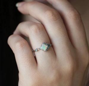 Quality Square CZ Rhodium Plated Natural Opal Ring 925 Sterling Silver Graceful Jewelry wholesale