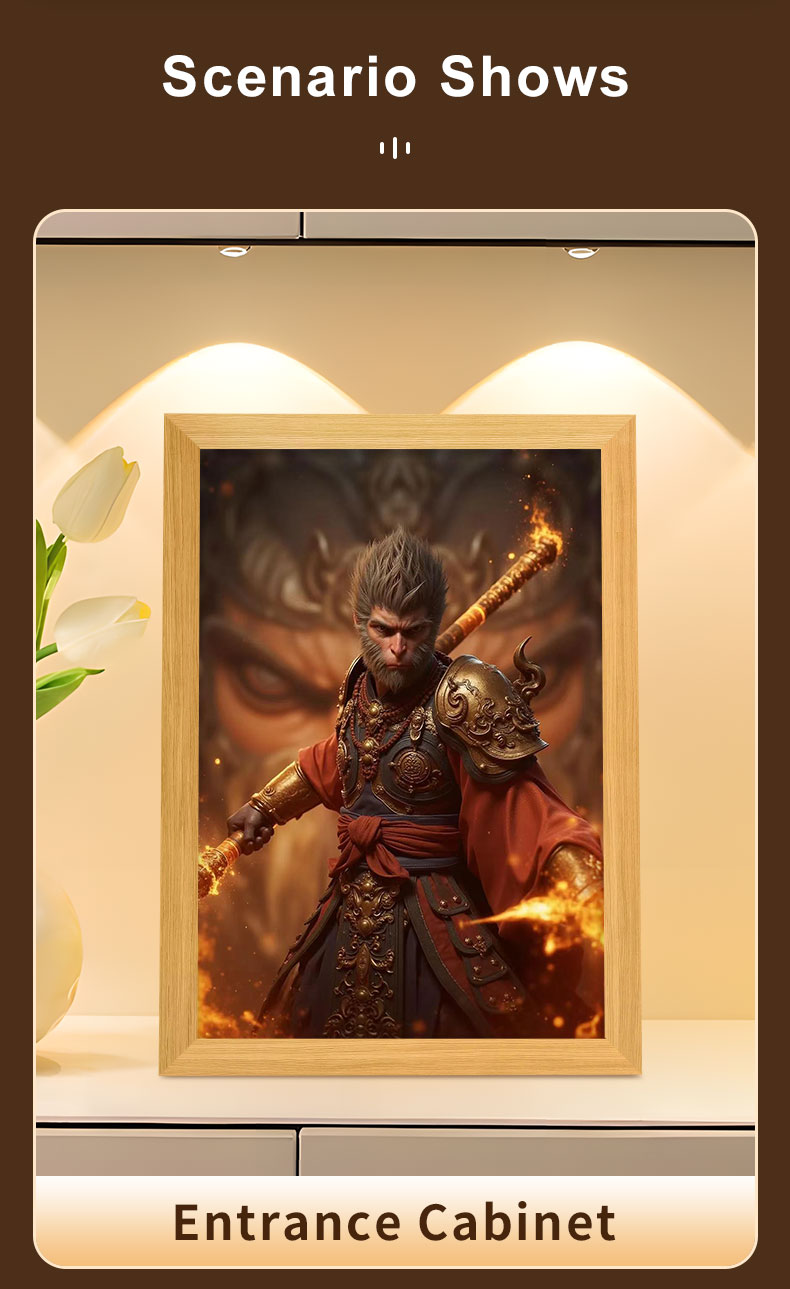 White Light Wood Frame Black Myth Monkey King Journey West Light Painting for Bedroom