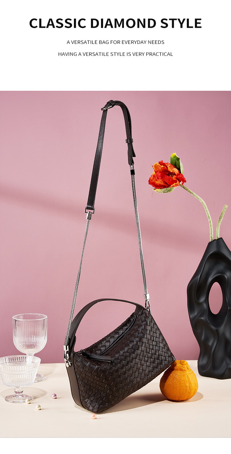 Other Pattern Type Genuine Leather Woven Purses For Ladies Chain Shoulder Messenger Bag