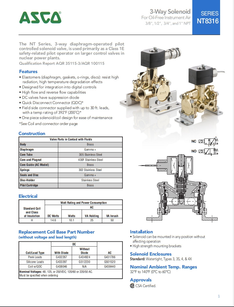 Brass Material 3 Way Solenoid Valves ASCO Series 8316G064 High Flow 1/4 Inch Size