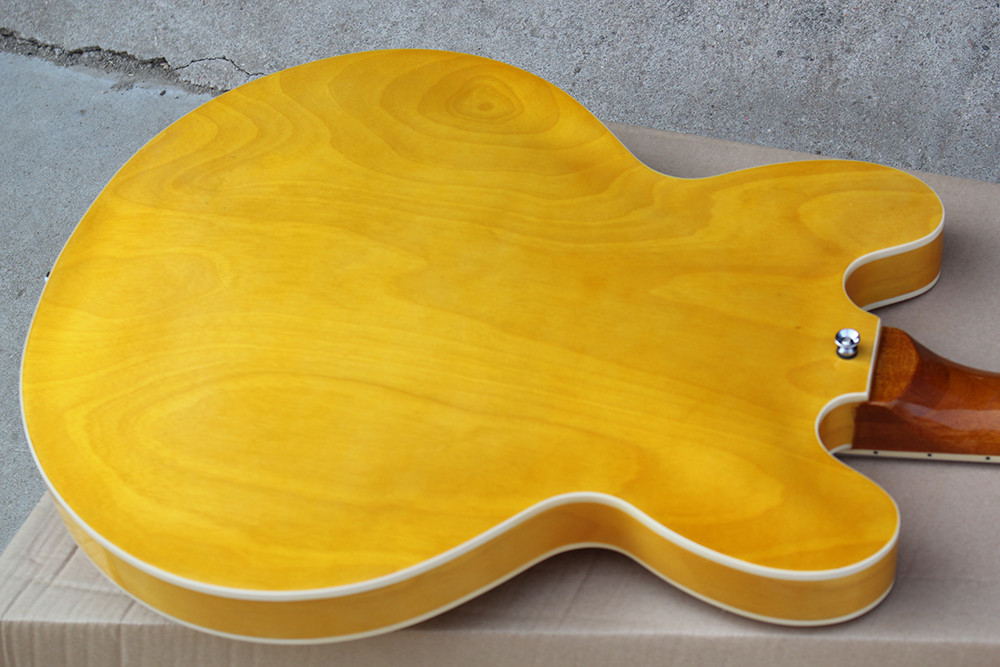 Custom Yellow Semi-hollow Body Electric Guitar with Flame Maple Veneer,Rosewood Fretboard