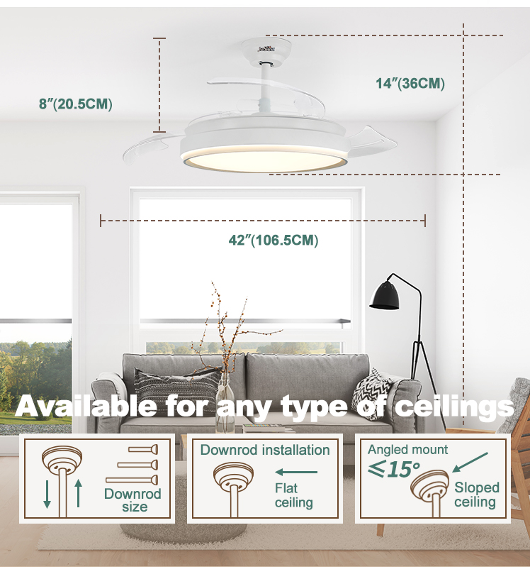 Contemporary Design 5 Speed LED Ceiling Fan with Hidden Blades 42 Inch Space Saver